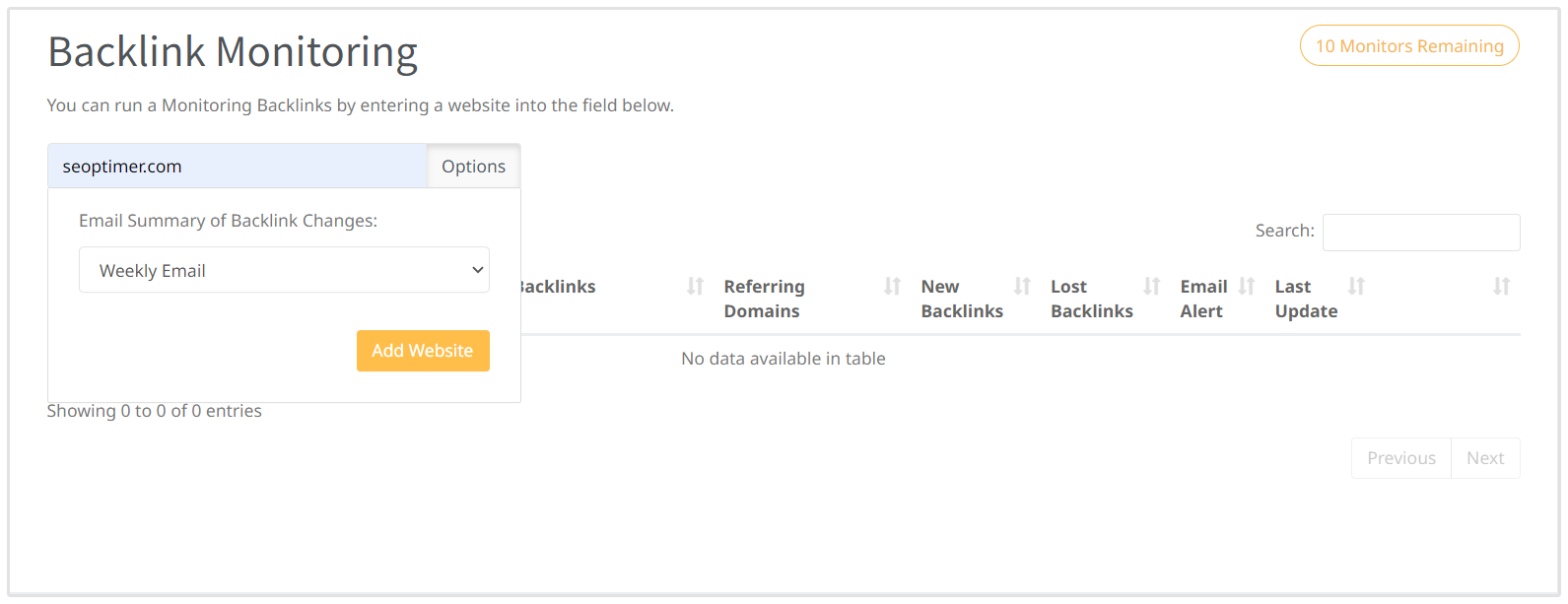 Configurações de Notificação de Monitoramento de Backlink